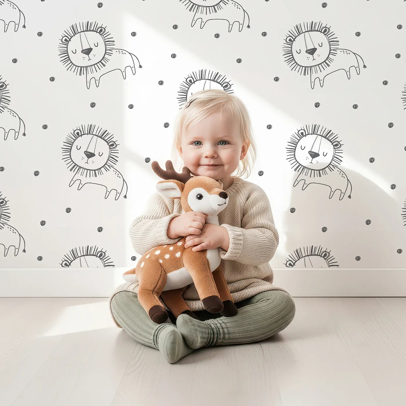 Lovely child standing in front of Whimsy Tots Doodle Lion Dots Wallpaper with lion, doodle, sketch, dot, safari in design.