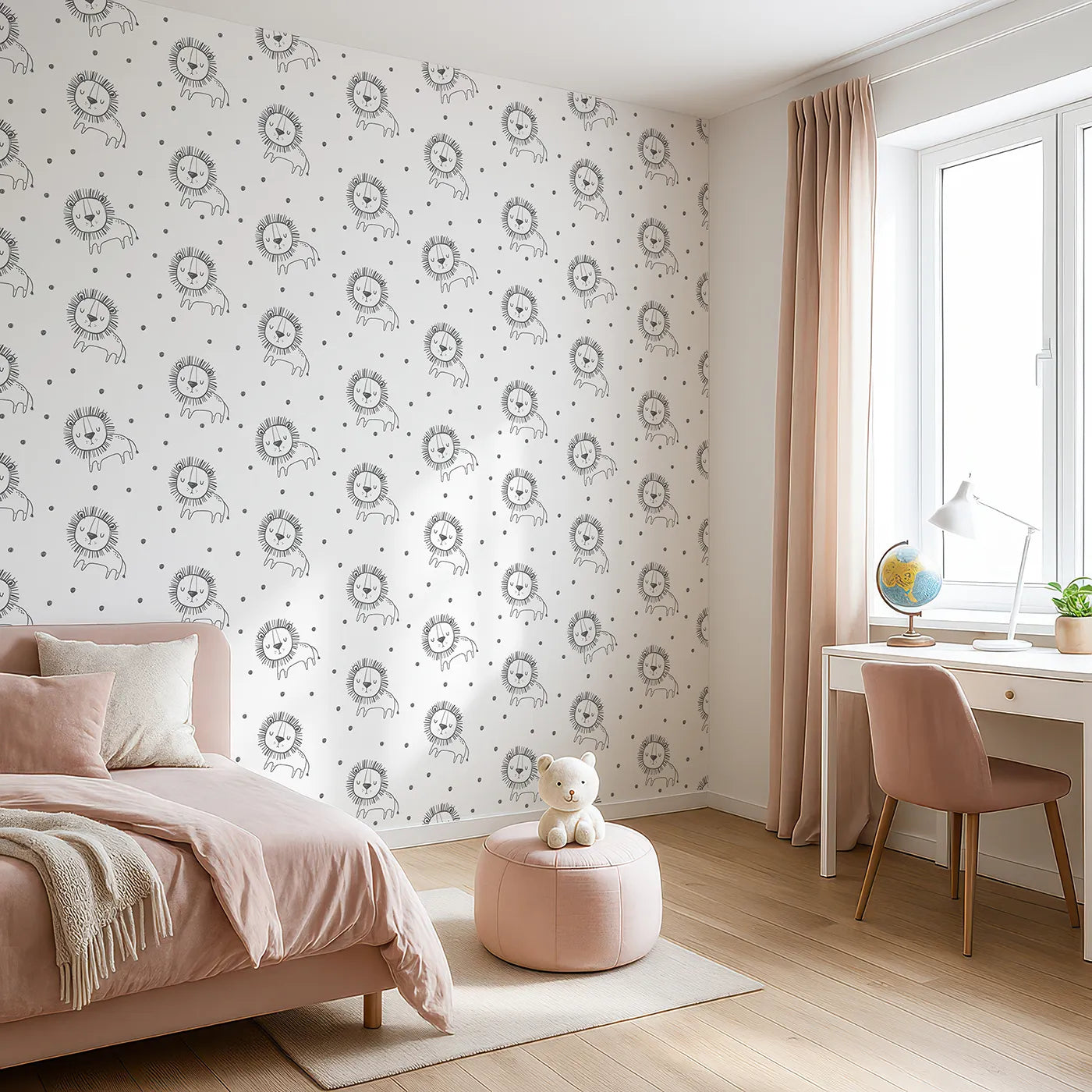 Angled view of Whimsy Tots' Doodle Lion Dots Wallpaper (W2022).Where the friendliest little lions are waiting for a cuddle.
