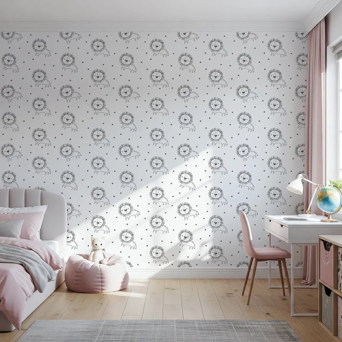 Front view of Whimsy Tots' Doodle Lion Dots Wallpaper