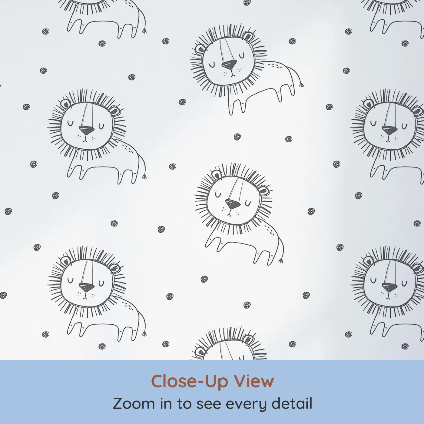 Close-up view of Whimsy Tots' Doodle Lion Dots Wallpaper (W2022).Where the friendliest little lions are waiting for a cuddle.