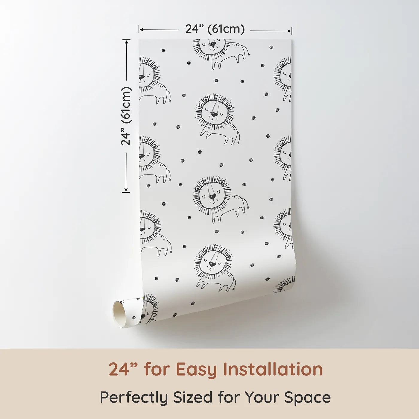 Dimension view of Whimsy Tots Doodle Lion Dots Wallpaper (W2022). Printed in 24-inch-wide panel for easy installation. Where the friendliest little lions are waiting for a cuddle.