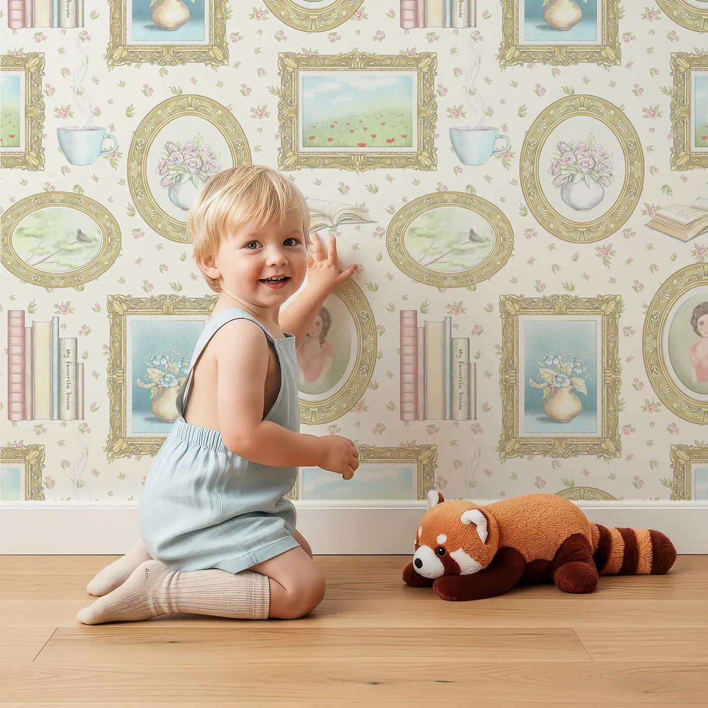 Lovely child standing in front of Whimsy Tots Vintage Treasures Gallery Wallpaper with vintage, frame, flower, book, art in design.