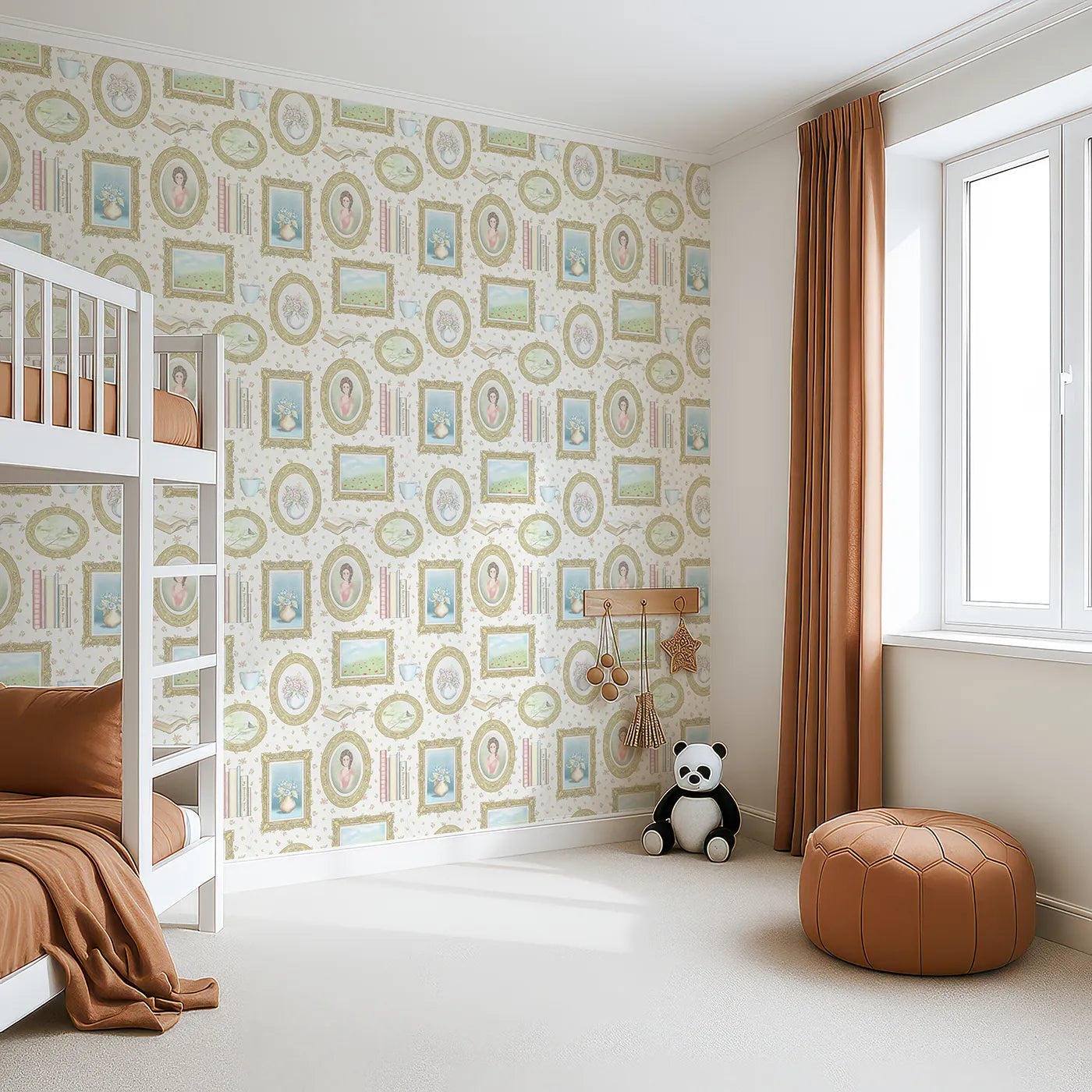 Angled view of Whimsy Tots' Vintage Treasures Gallery Wallpaper (W2023).Where every frame holds a story of beauty and calm.