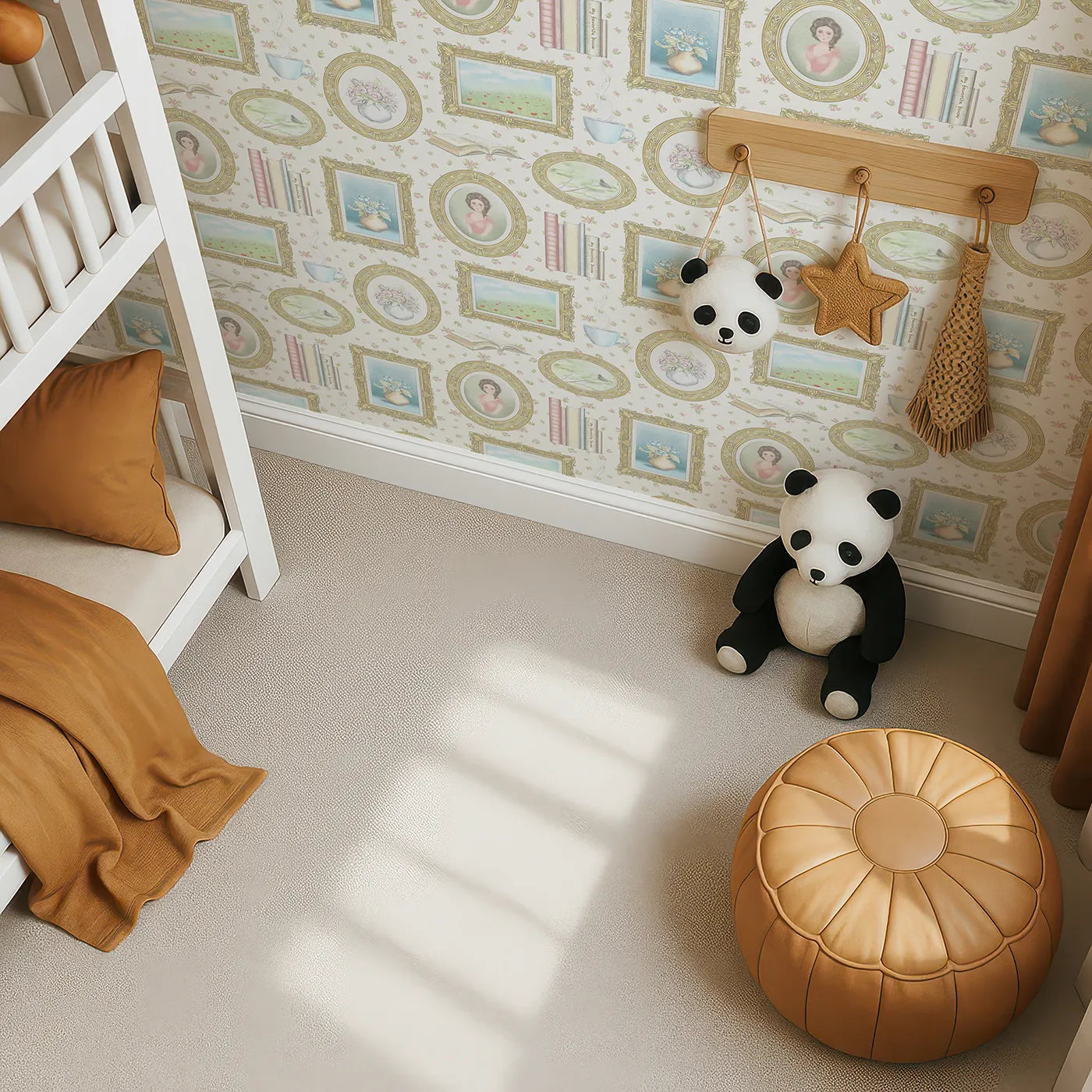 Top-Down view of Whimsy Tots' Vintage Treasures Gallery Wallpaper (W2023).Where every frame holds a story of beauty and calm.