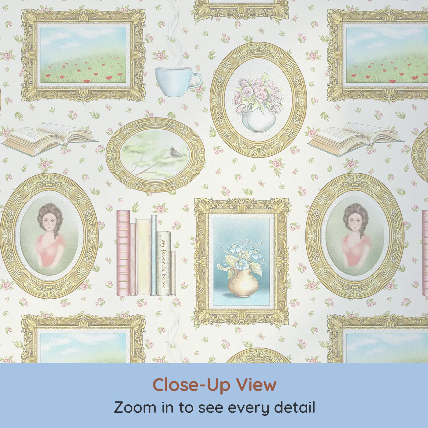 Close-up view of Whimsy Tots' Vintage Treasures Gallery Wallpaper (W2023).Where every frame holds a story of beauty and calm.