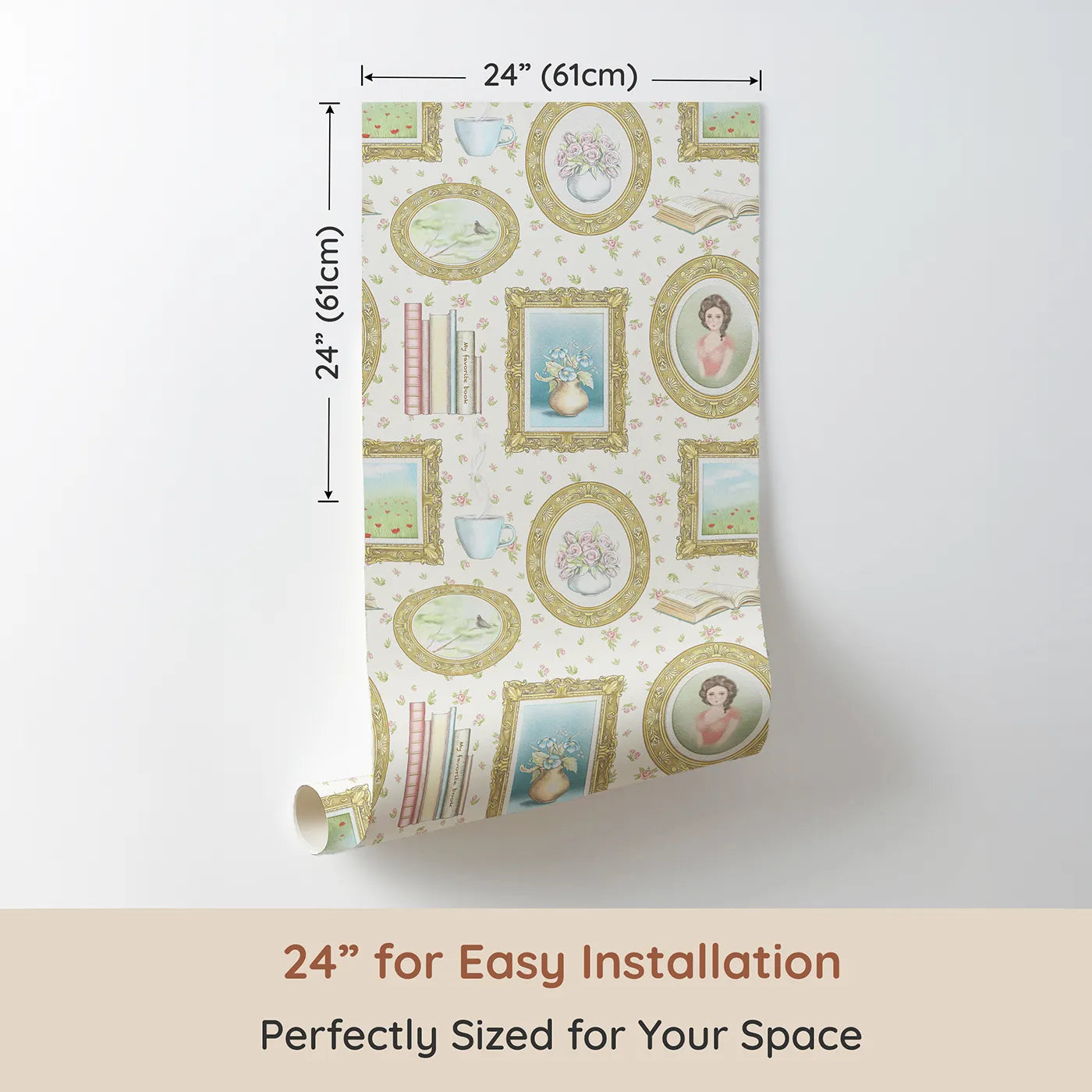 Dimension view of Whimsy Tots Vintage Treasures Gallery Wallpaper (W2023). Printed in 24-inch-wide panel for easy installation. Where every frame holds a story of beauty and calm.