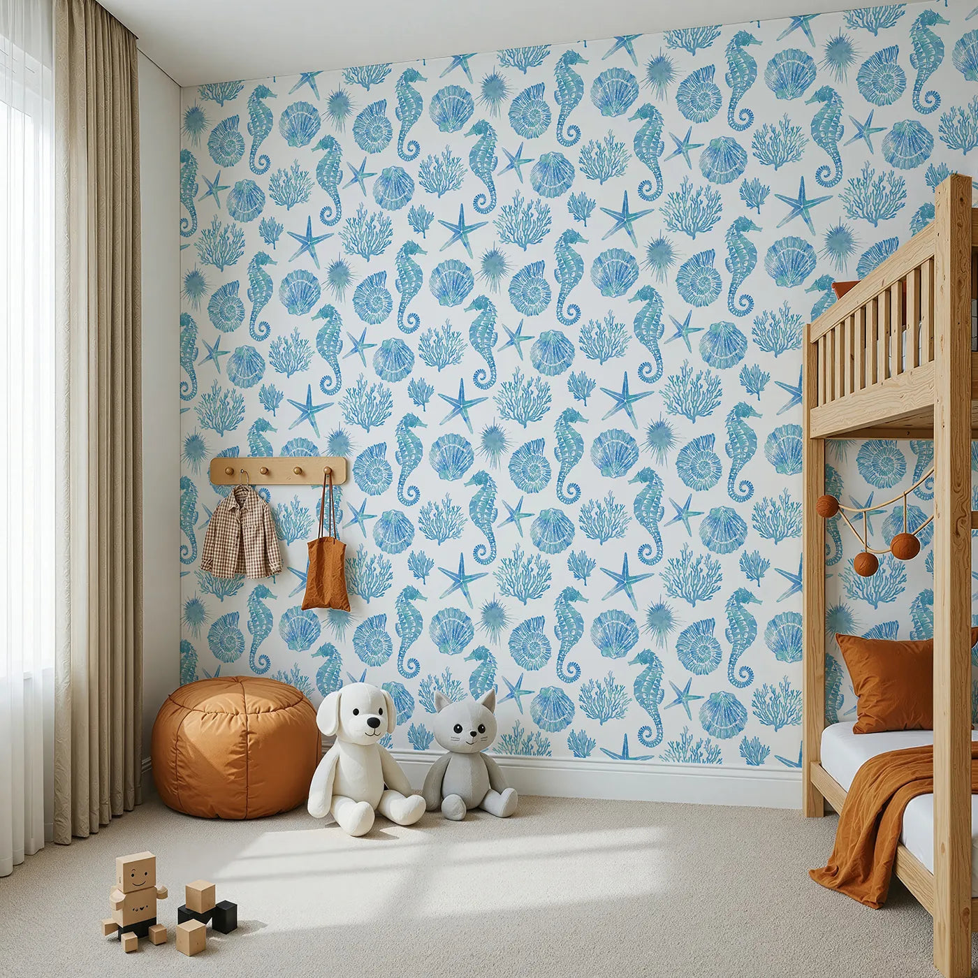 Angled view of Whimsy Tots' Watercolor Ocean Treasures Wallpaper in Blue (W2024).Where the treasures of the deep float in a watercolor wash.