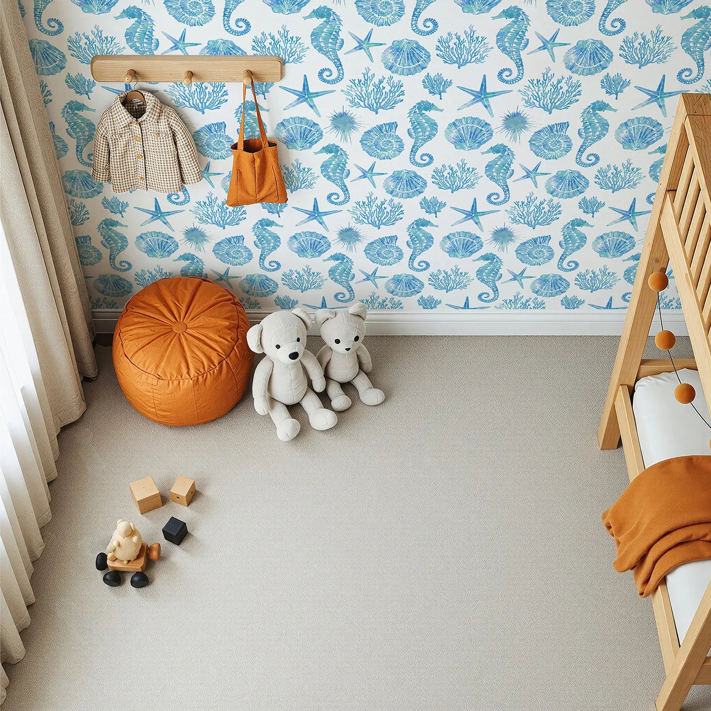 Top-Down view of Whimsy Tots' Watercolor Ocean Treasures Wallpaper in Blue (W2024).Where the treasures of the deep float in a watercolor wash.