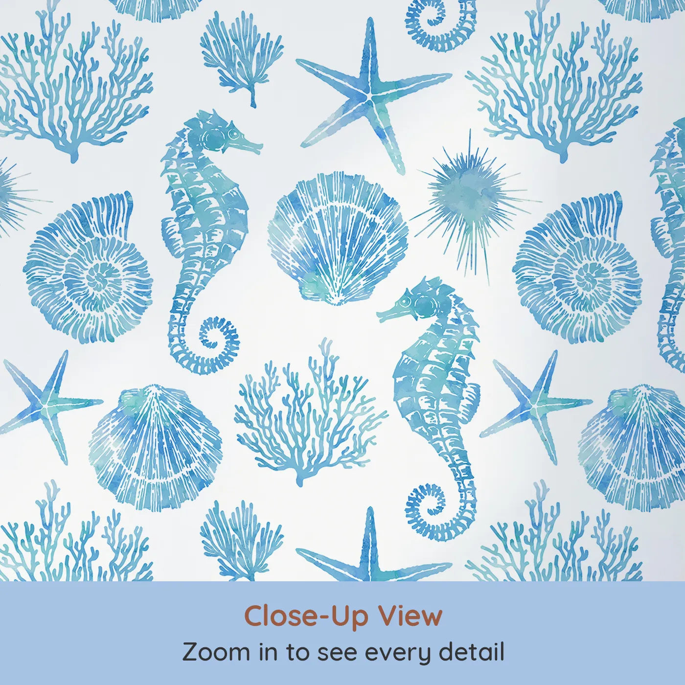 Close-up view of Whimsy Tots' Watercolor Ocean Treasures Wallpaper in Blue (W2024).Where the treasures of the deep float in a watercolor wash.