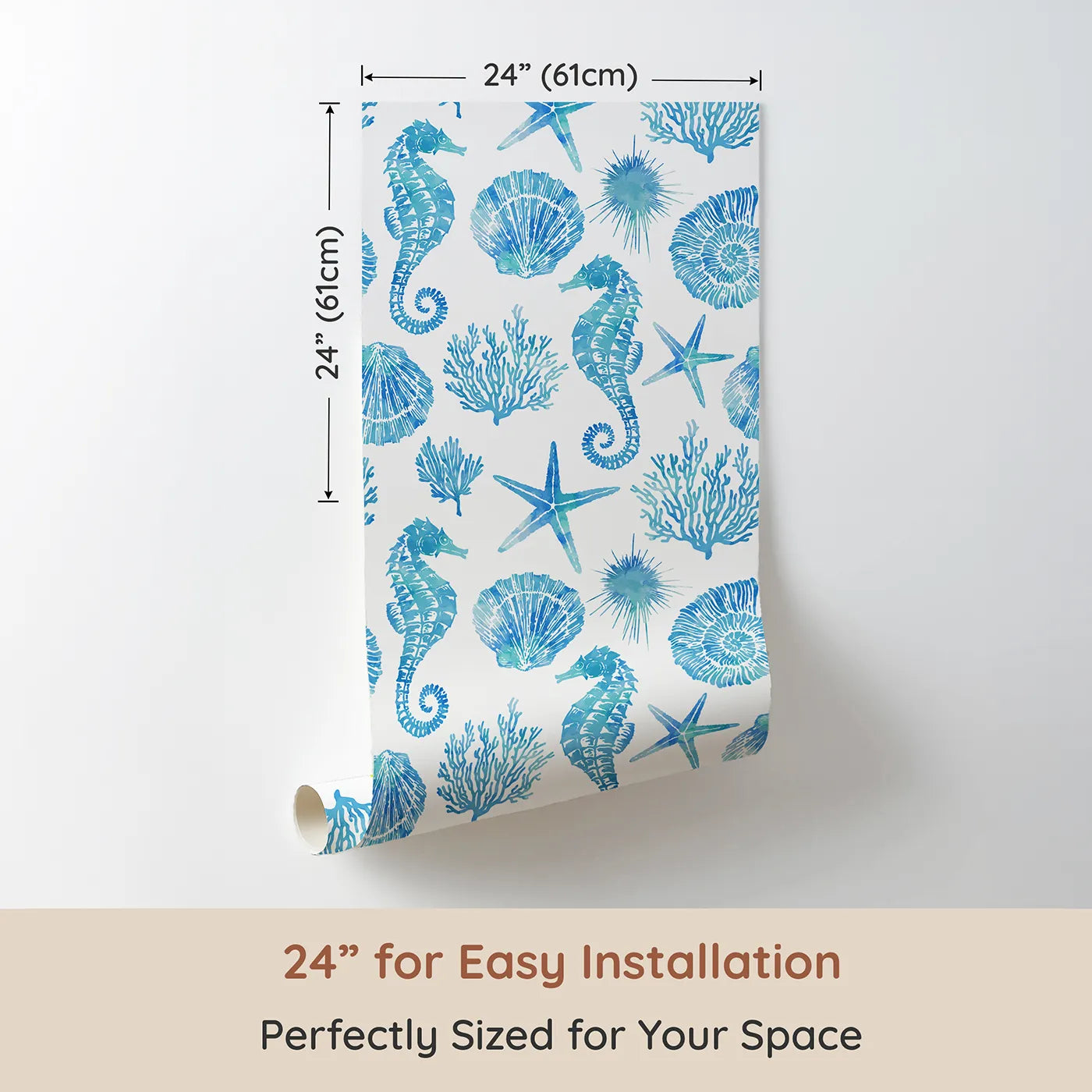 Dimension view of Whimsy Tots Watercolor Ocean Treasures Wallpaper in Blue (W2024). Printed in 24-inch-wide panel for easy installation. Where the treasures of the deep float in a watercolor wash.