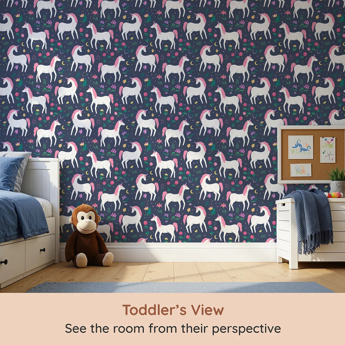 Whimsy Tots Midnight Unicorn Garden Wallpaper (W2025) from your child's view.Where magical unicorns wander among moonlit flowers.