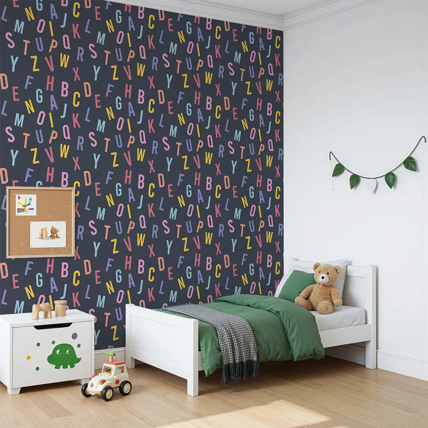 Angled view of Whimsy Tots' Colorful Alphabet Scatter Wallpaper (W2026).Where letters tumble and words are waiting to be found.