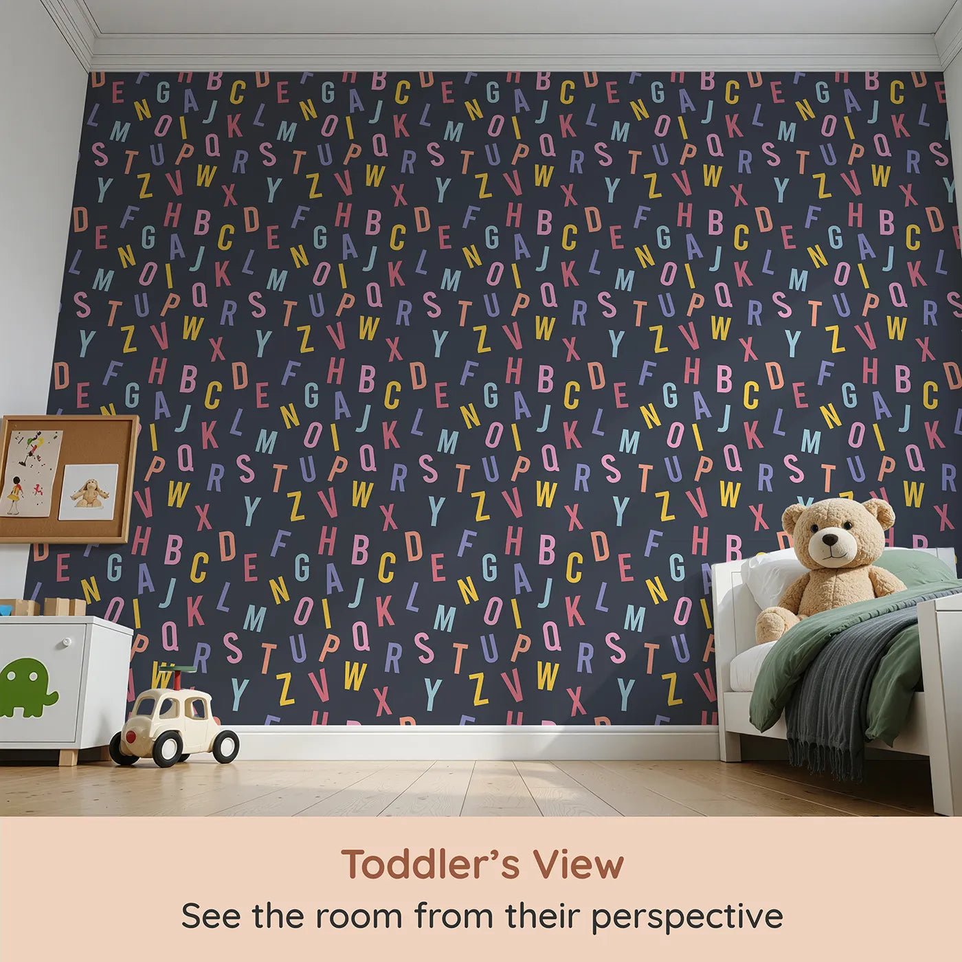Whimsy Tots Colorful Alphabet Scatter Wallpaper (W2026) from your child's view.Where letters tumble and words are waiting to be found.