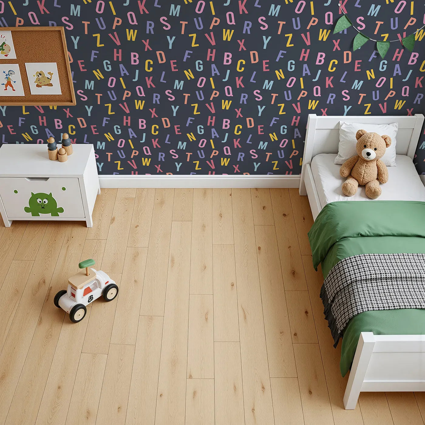 Top-Down view of Whimsy Tots' Colorful Alphabet Scatter Wallpaper (W2026).Where letters tumble and words are waiting to be found.