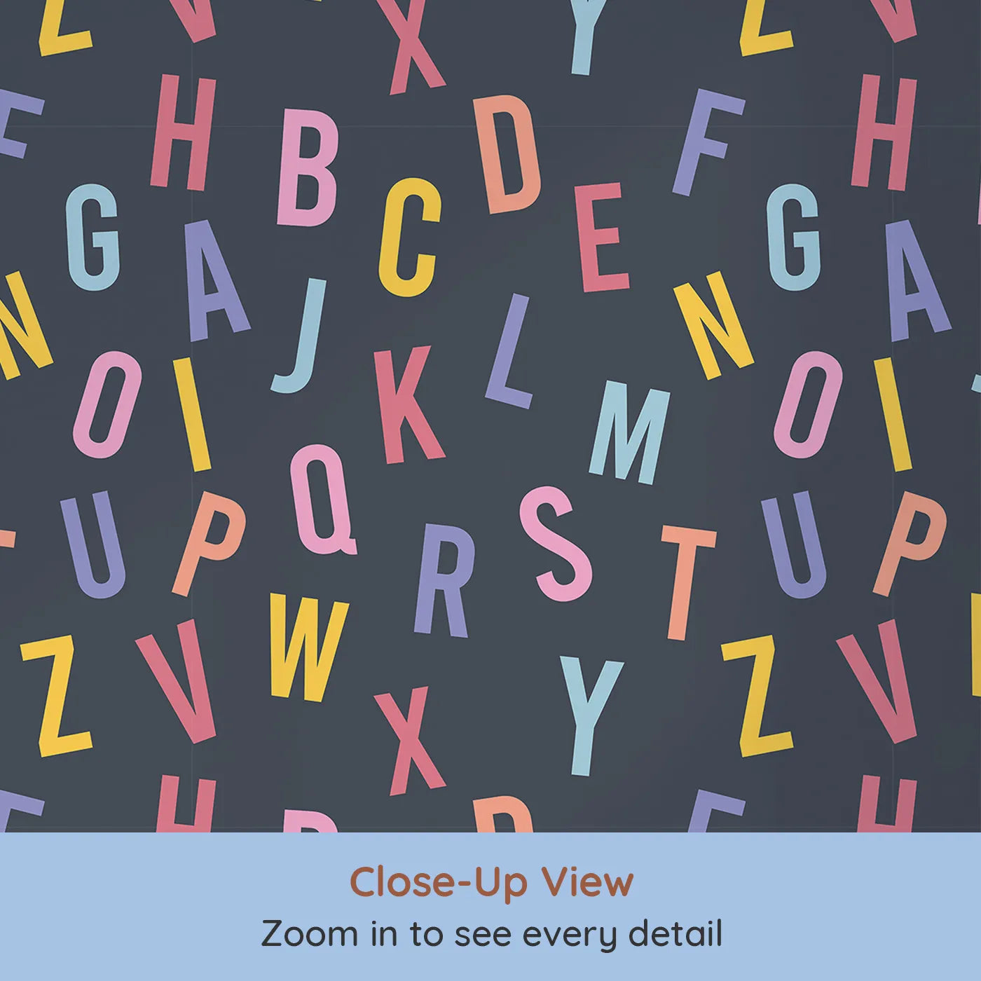 Close-up view of Whimsy Tots' Colorful Alphabet Scatter Wallpaper (W2026).Where letters tumble and words are waiting to be found.