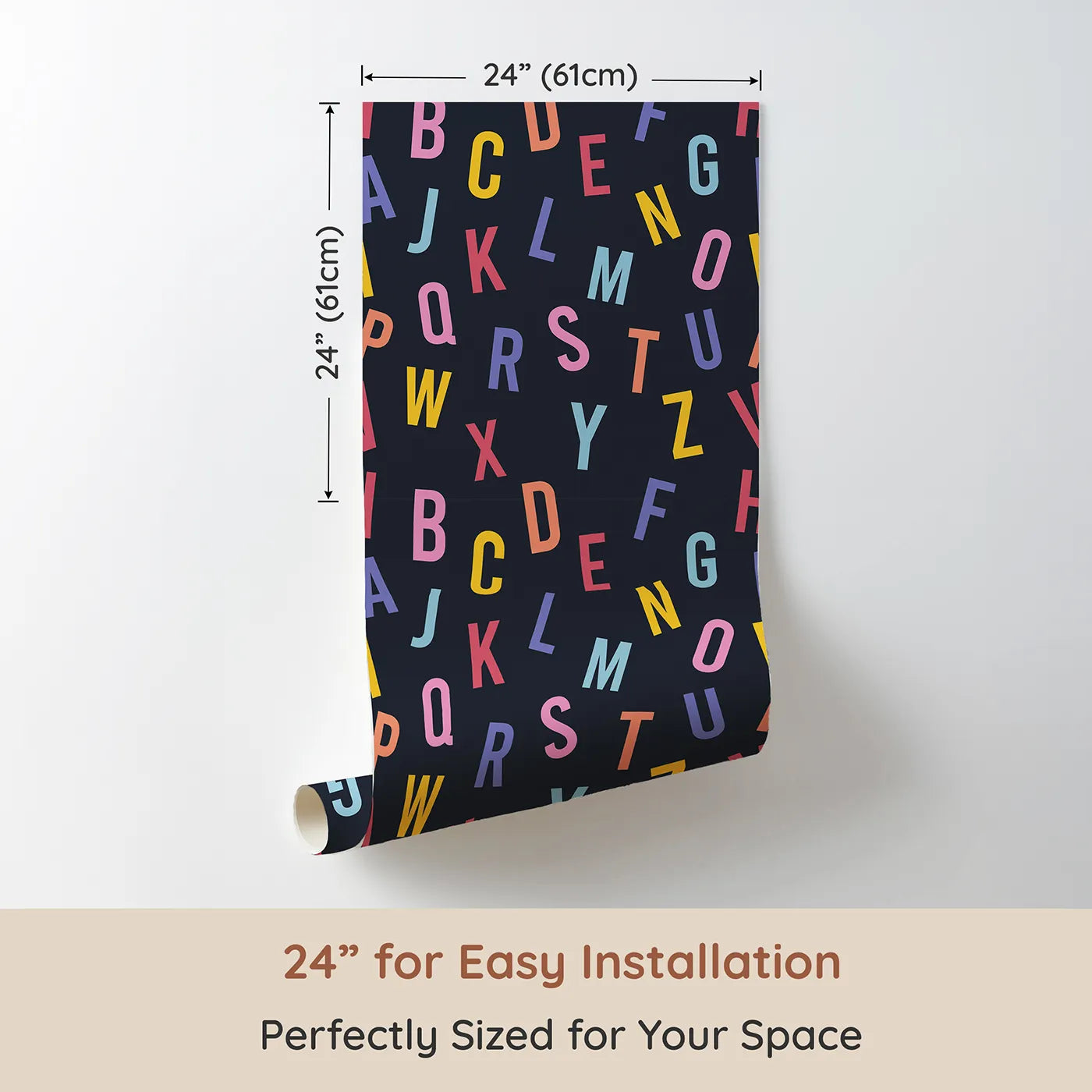 Dimension view of Whimsy Tots Colorful Alphabet Scatter Wallpaper (W2026). Printed in 24-inch-wide panel for easy installation. Where letters tumble and words are waiting to be found.
