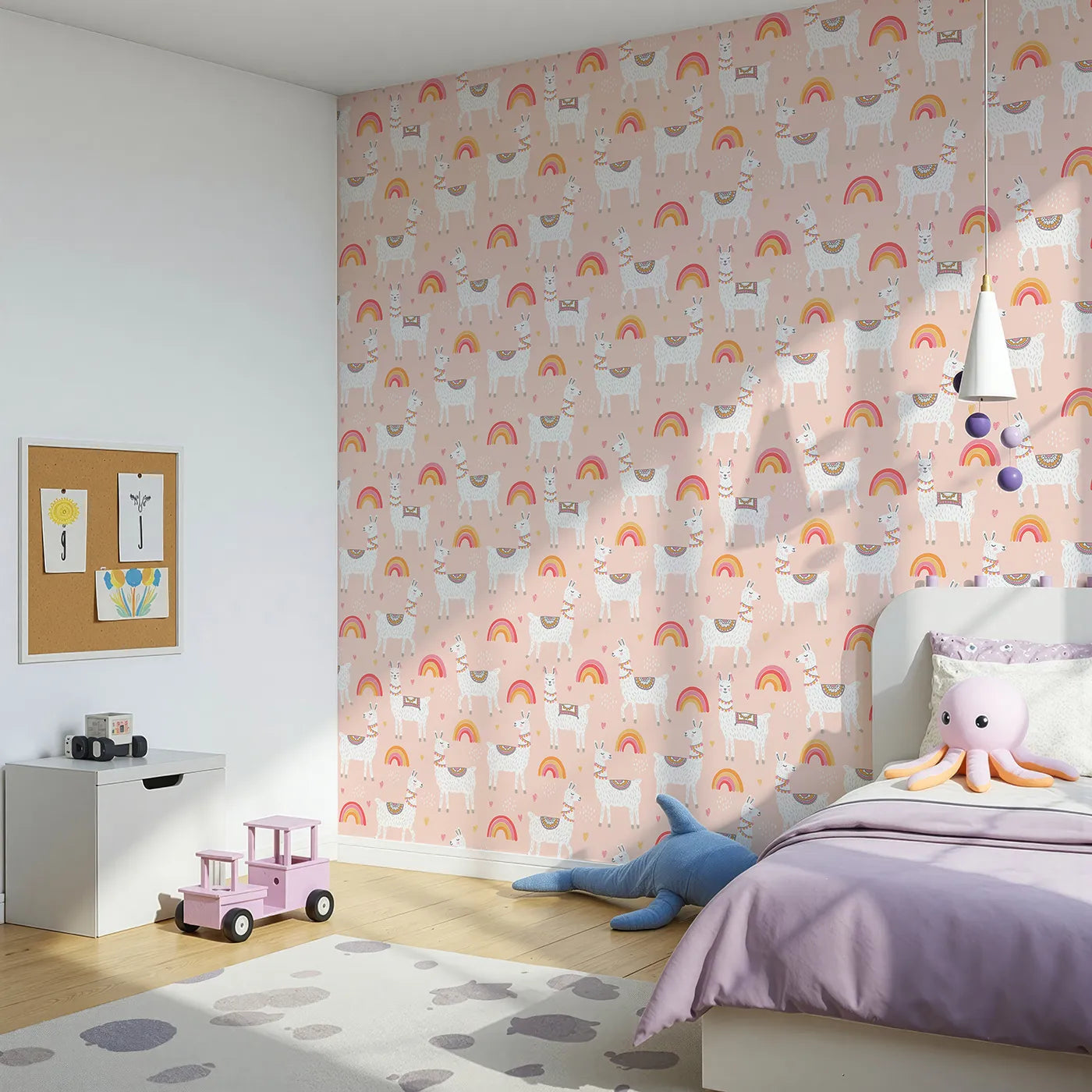 Angled view of Whimsy Tots' Boho Llama Rainbow Wallpaper in Pink (W2027).Where happy llamas and warm rainbows fill the day with joy.