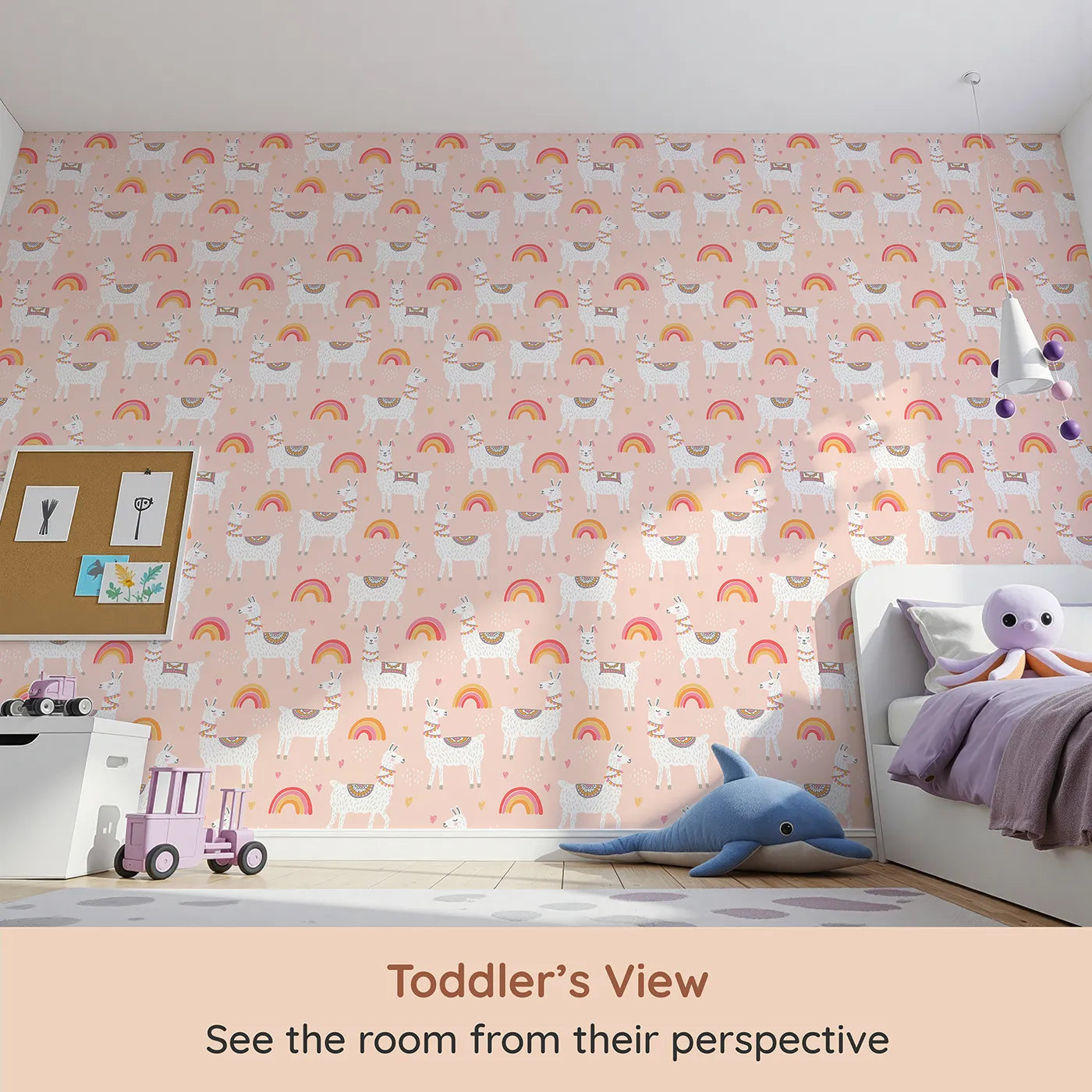 Whimsy Tots Boho Llama Rainbow Wallpaper in Pink (W2027) from your child's view.Where happy llamas and warm rainbows fill the day with joy.