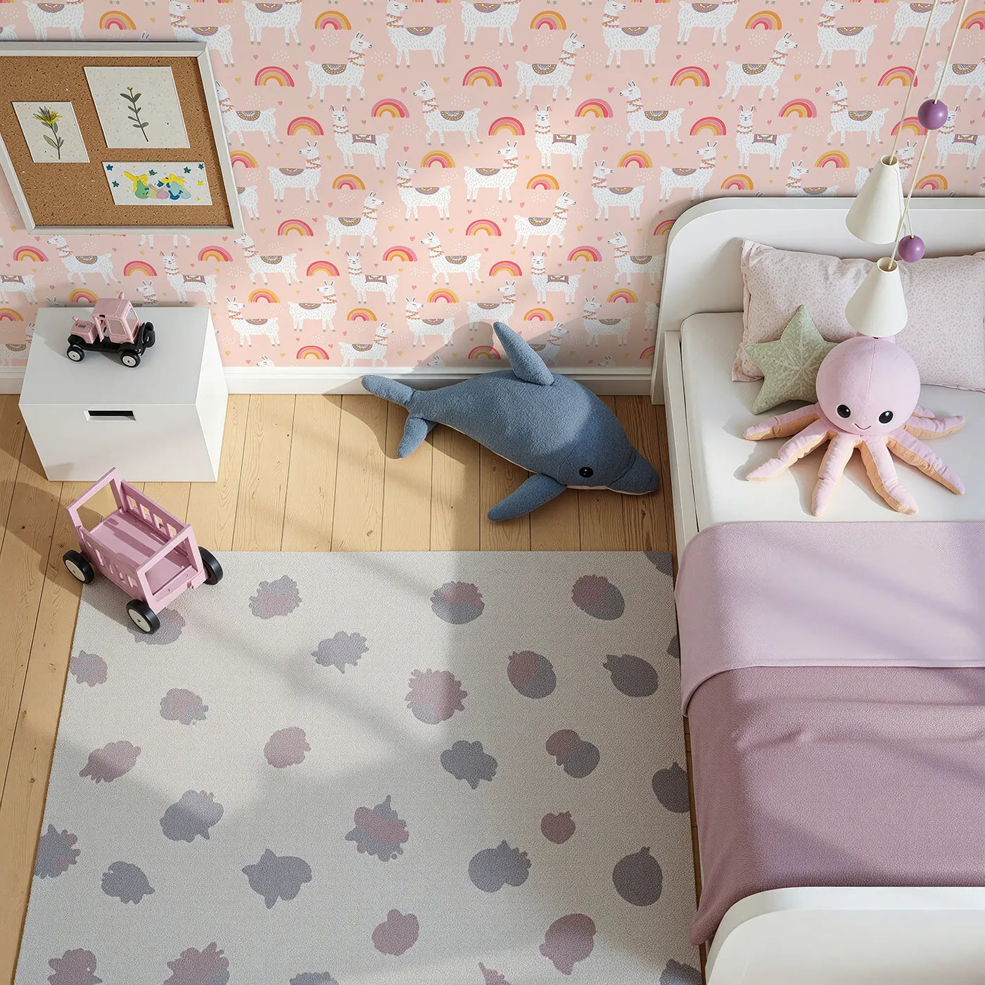 Top-Down view of Whimsy Tots' Boho Llama Rainbow Wallpaper in Pink (W2027).Where happy llamas and warm rainbows fill the day with joy.