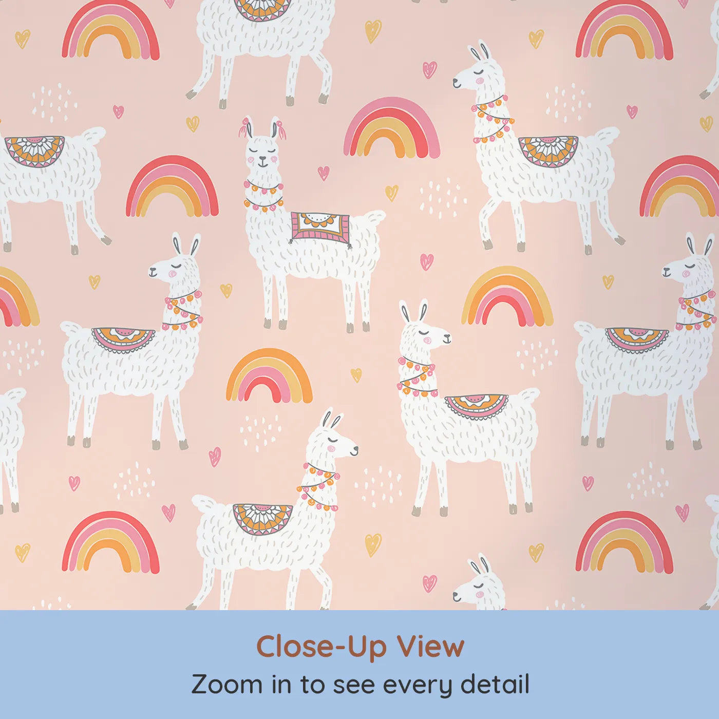 Close-up view of Whimsy Tots' Boho Llama Rainbow Wallpaper in Pink (W2027).Where happy llamas and warm rainbows fill the day with joy.