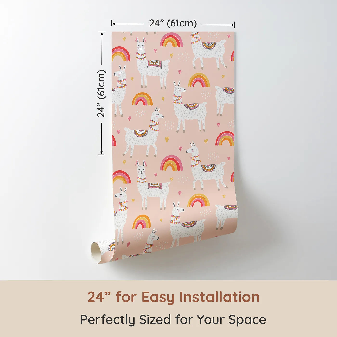 Dimension view of Whimsy Tots Boho Llama Rainbow Wallpaper in Pink (W2027). Printed in 24-inch-wide panel for easy installation. Where happy llamas and warm rainbows fill the day with joy.
