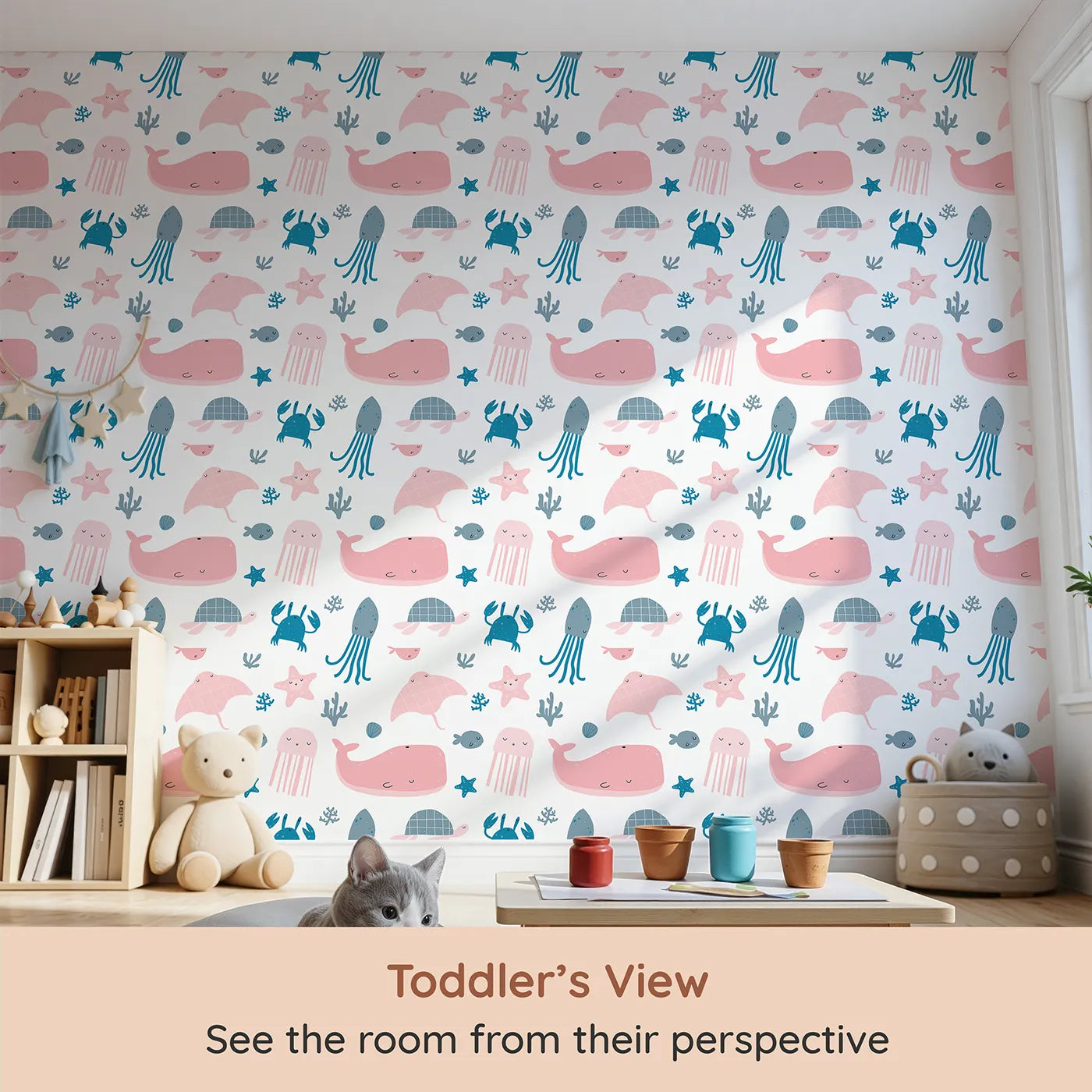 Whimsy Tots Pastel Ocean Friends Wallpaper (W2028) from your child's view.Where the gentlest sea creatures float in a pastel dream.