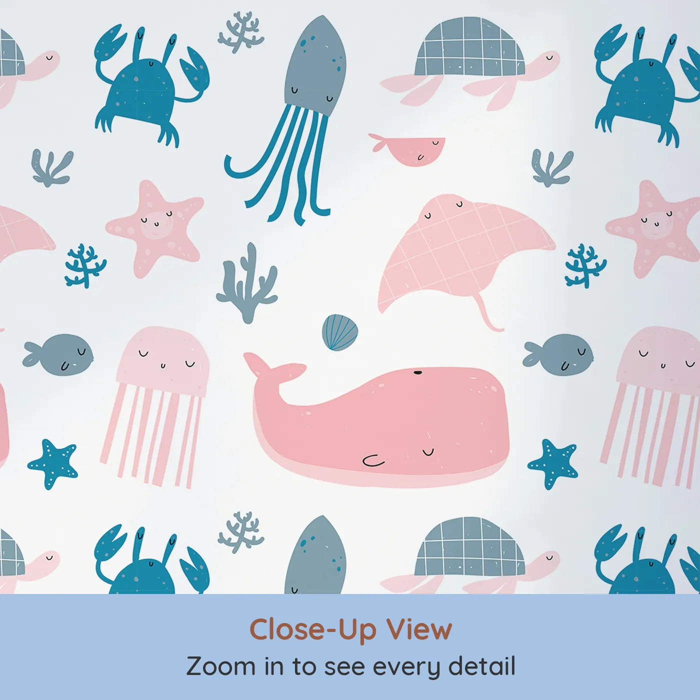 Close-up view of Whimsy Tots' Pastel Ocean Friends Wallpaper (W2028).Where the gentlest sea creatures float in a pastel dream.
