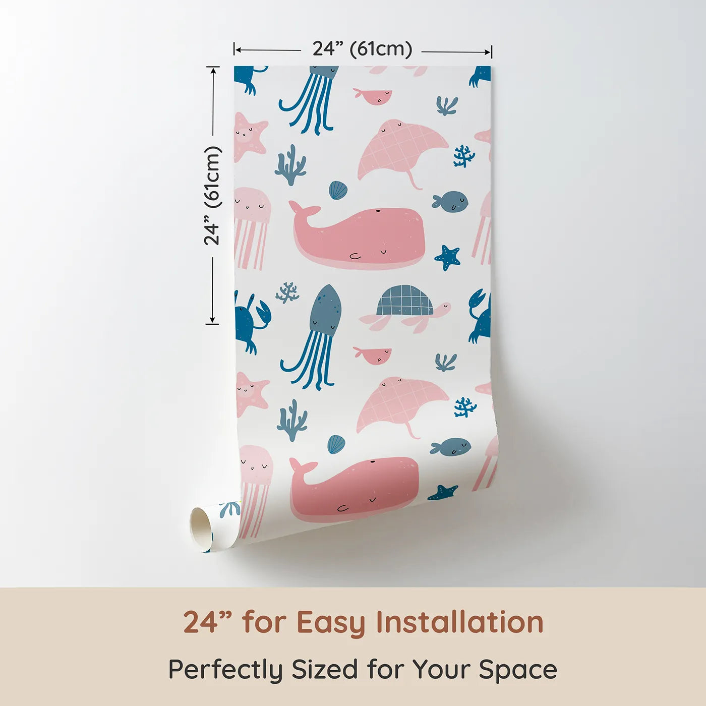 Dimension view of Whimsy Tots Pastel Ocean Friends Wallpaper (W2028). Printed in 24-inch-wide panel for easy installation. Where the gentlest sea creatures float in a pastel dream.