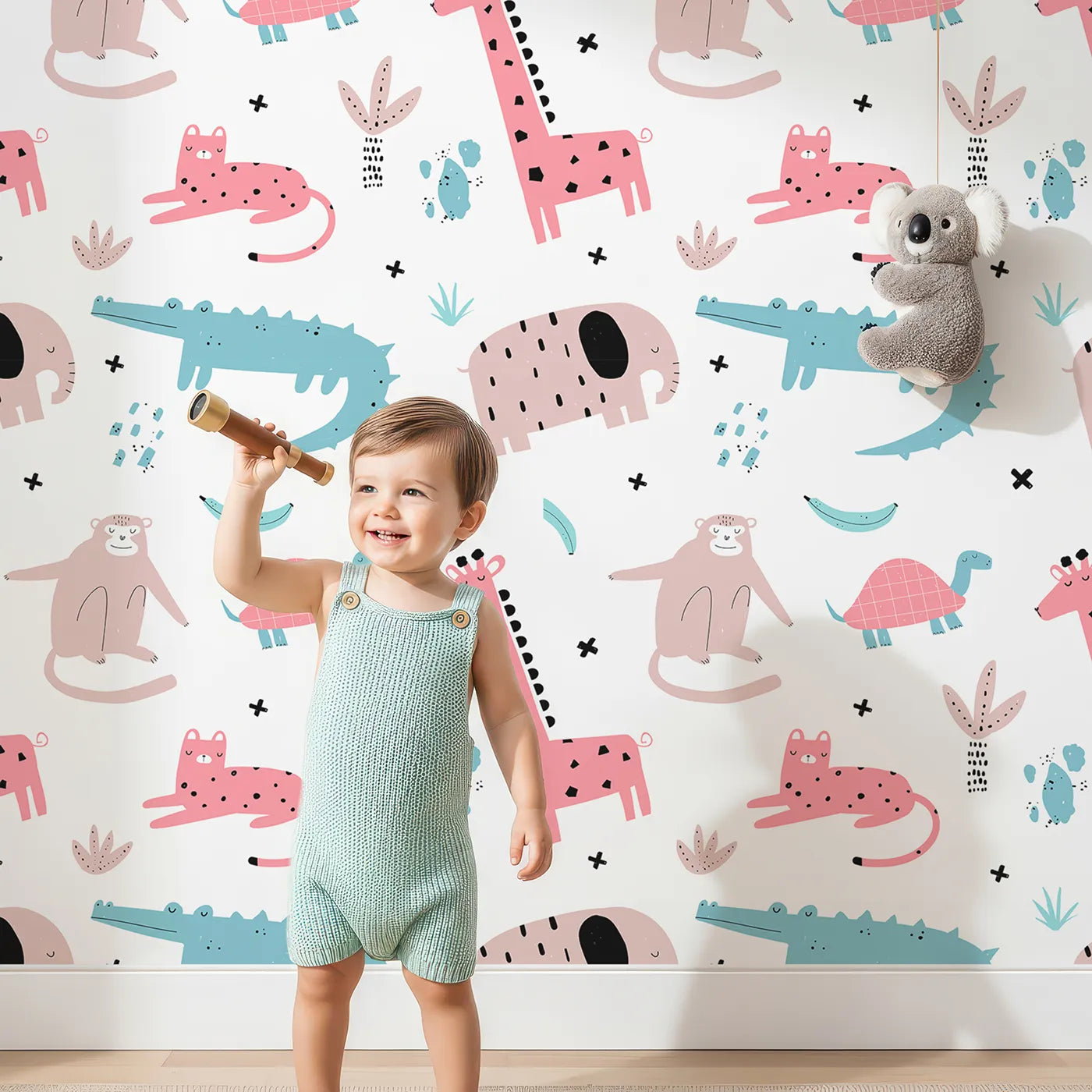 Lovely child standing in front of Whimsy Tots Scandi Jungle Friends Wallpaper with jungle, safari, animal, modern, abstract in design.