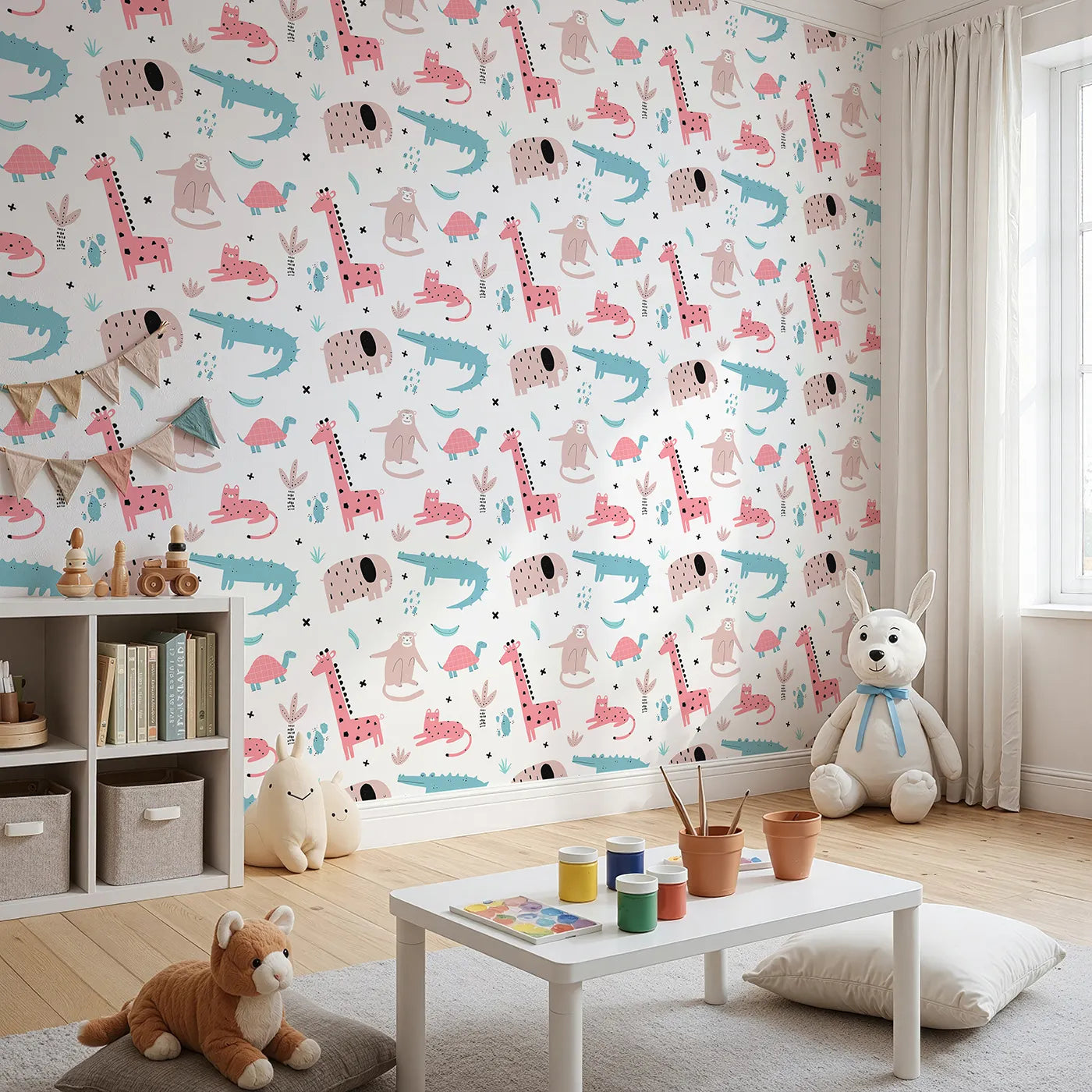 Angled view of Whimsy Tots' Scandi Jungle Friends Wallpaper (W2029).Where quirky animal friends are ready for a stylish adventure.
