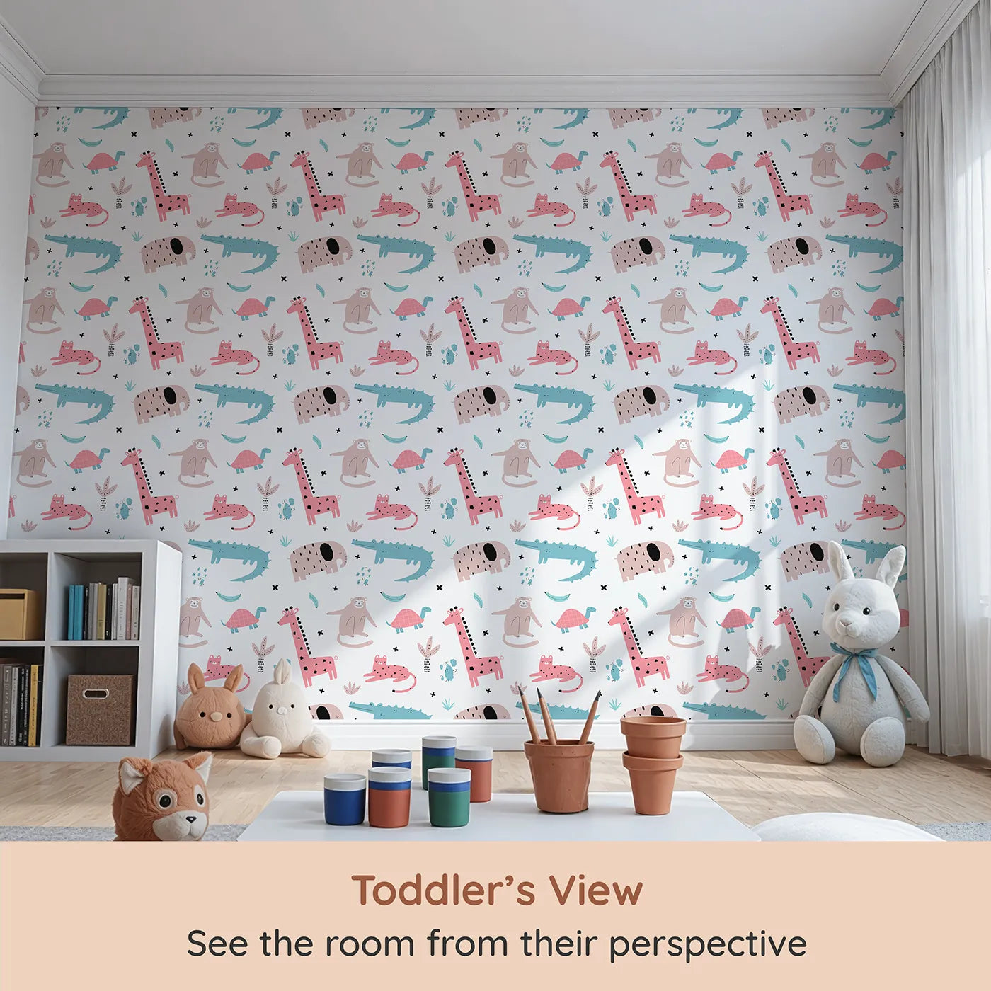 Whimsy Tots Scandi Jungle Friends Wallpaper (W2029) from your child's view.Where quirky animal friends are ready for a stylish adventure.
