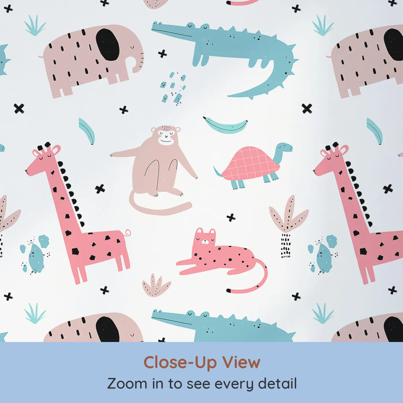 Close-up view of Whimsy Tots' Scandi Jungle Friends Wallpaper (W2029).Where quirky animal friends are ready for a stylish adventure.