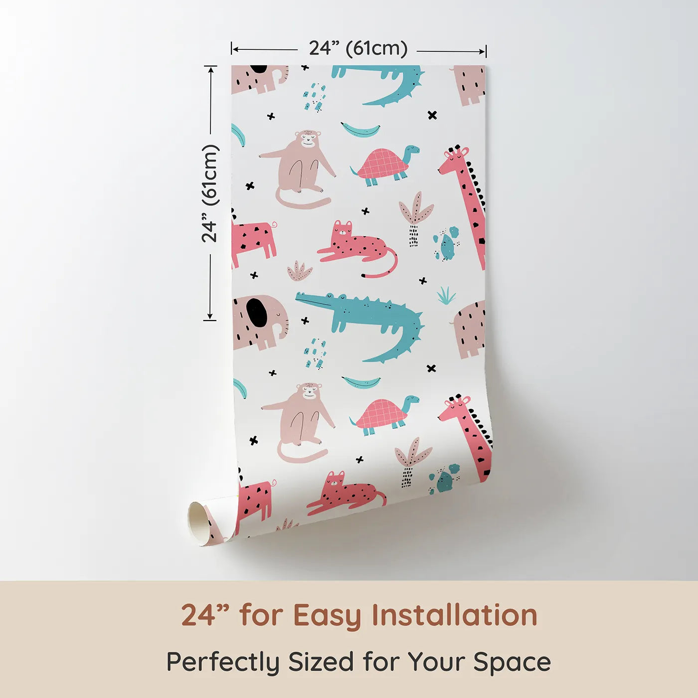 Dimension view of Whimsy Tots Scandi Jungle Friends Wallpaper (W2029). Printed in 24-inch-wide panel for easy installation. Where quirky animal friends are ready for a stylish adventure.