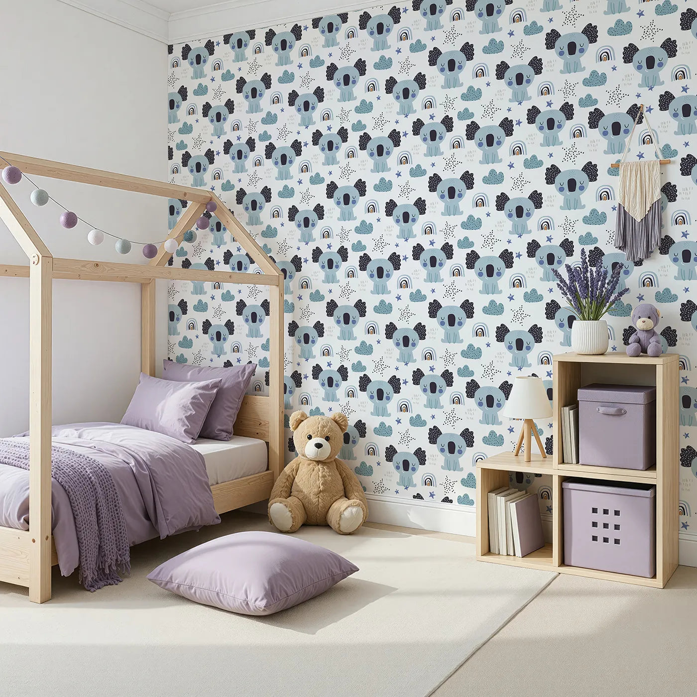 Angled view of Whimsy Tots' Sleepy Koala Rainbows Wallpaper (W2030).Where sleepy koalas and gentle rainbows wish you sweet dreams.