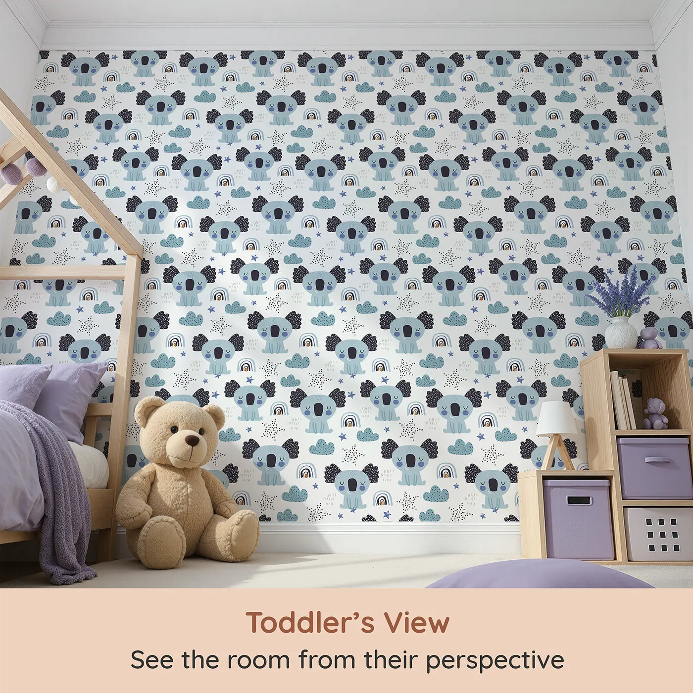 Whimsy Tots Sleepy Koala Rainbows Wallpaper (W2030) from your child's view.Where sleepy koalas and gentle rainbows wish you sweet dreams.