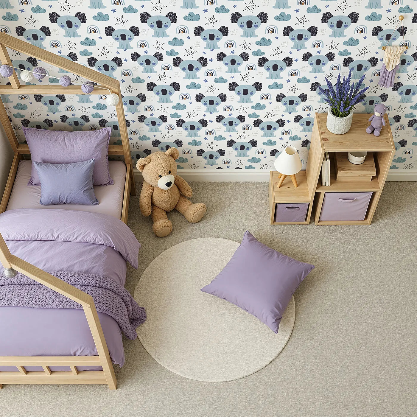 Top-Down view of Whimsy Tots' Sleepy Koala Rainbows Wallpaper (W2030).Where sleepy koalas and gentle rainbows wish you sweet dreams.