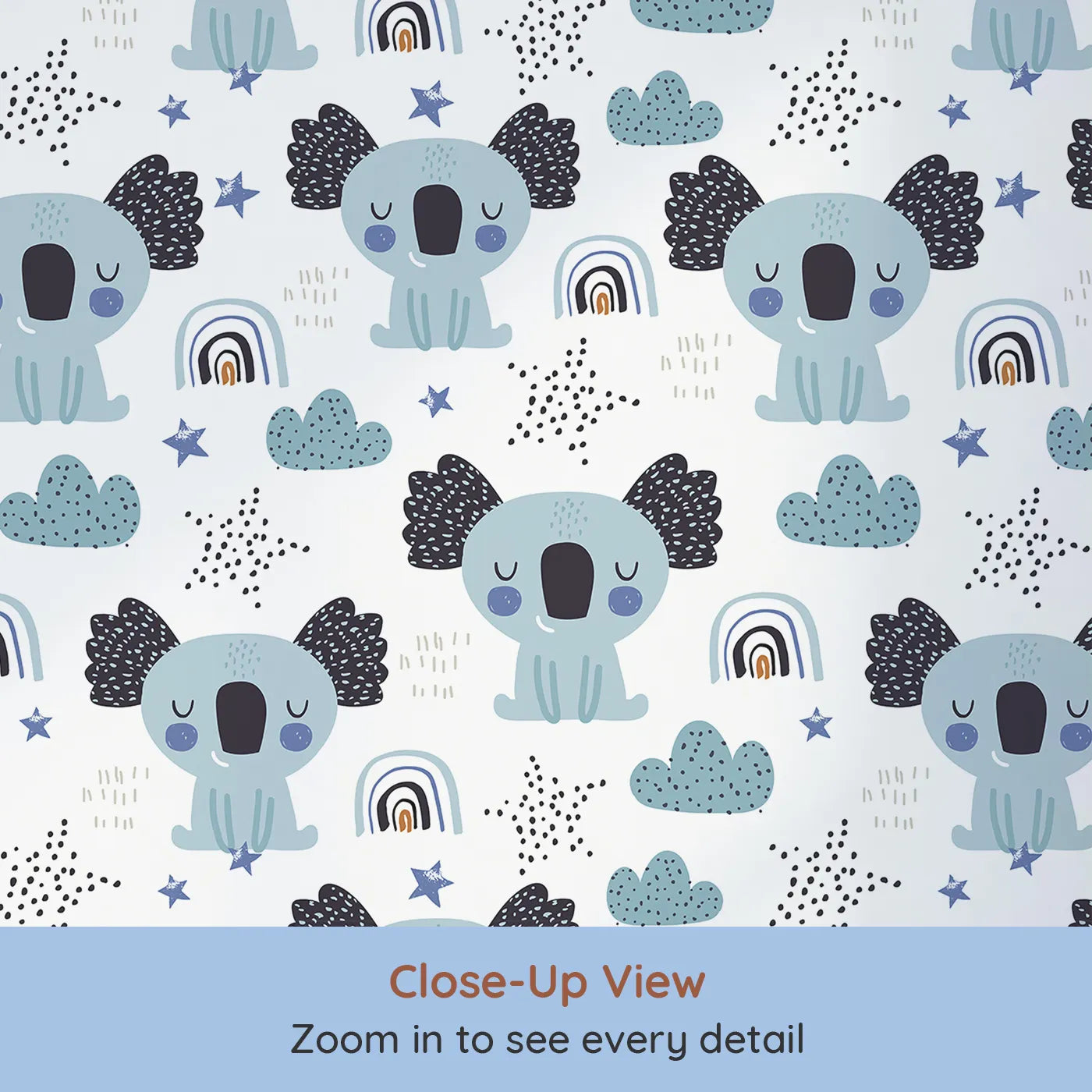 Close-up view of Whimsy Tots' Sleepy Koala Rainbows Wallpaper (W2030).Where sleepy koalas and gentle rainbows wish you sweet dreams.
