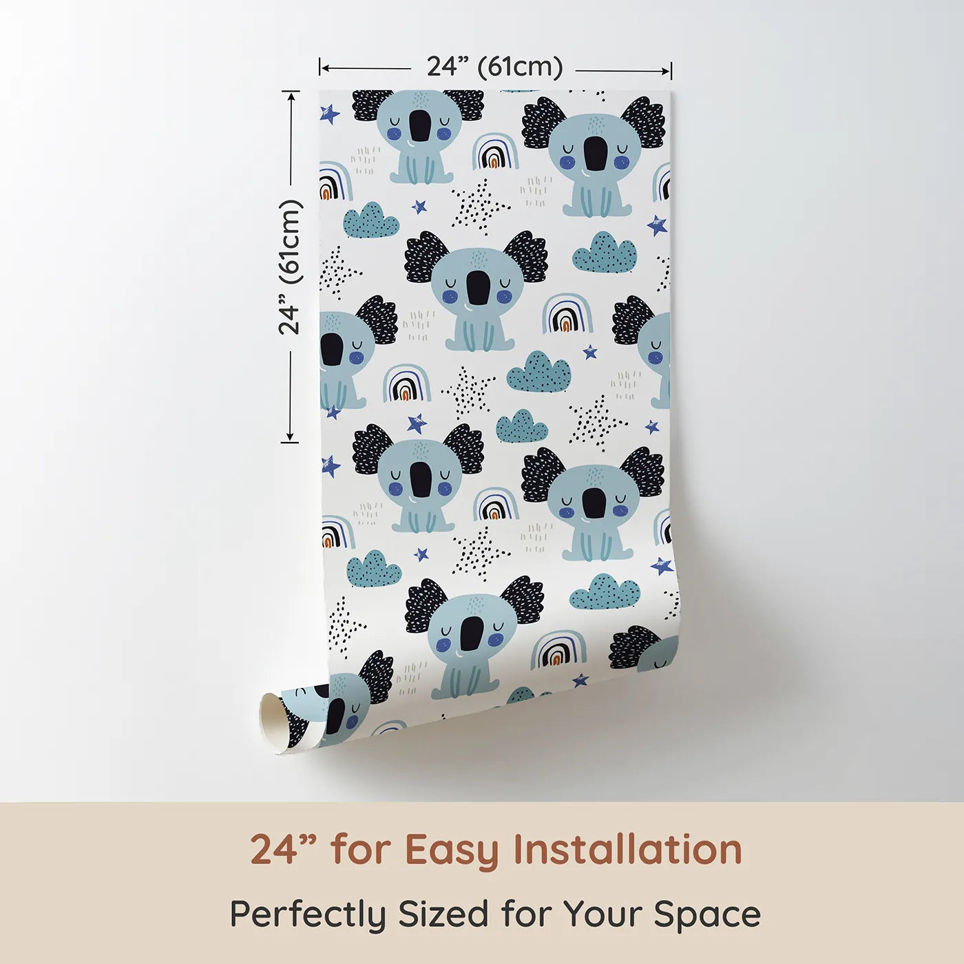 Dimension view of Whimsy Tots Sleepy Koala Rainbows Wallpaper (W2030). Printed in 24-inch-wide panel for easy installation. Where sleepy koalas and gentle rainbows wish you sweet dreams.