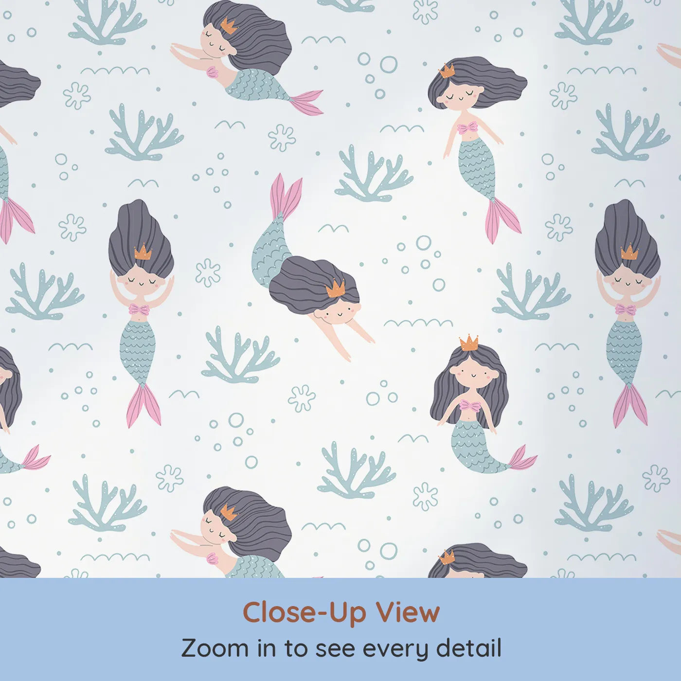 Close-up view of Whimsy Tots' Mermaid Princess Dreams Wallpaper (W2031).Where mermaid princesses swim and play among the bubbles.