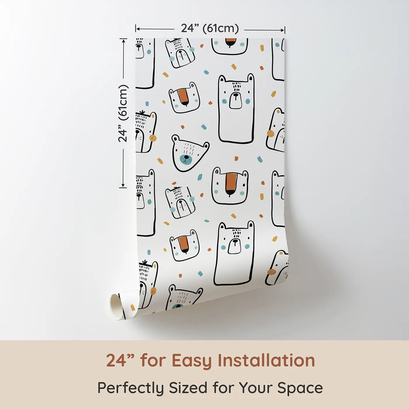 Dimension view of Whimsy Tots Doodle Bear Friends Wallpaper (W2033). Printed in 24-inch-wide panel for easy installation. Where friendly, hand-drawn bears show off their personalities.