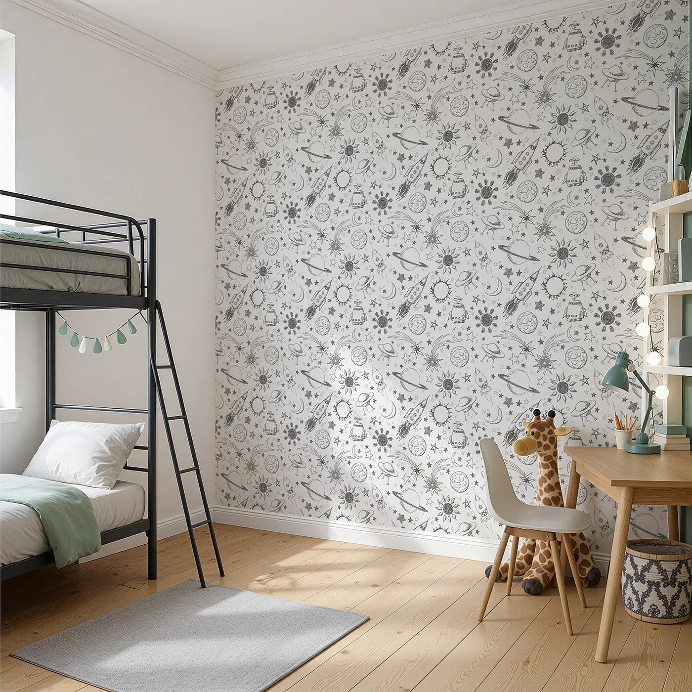 Angled view of Whimsy Tots' Space Doodle Galaxy Wallpaper (W2034).Where the entire universe is waiting to be discovered.