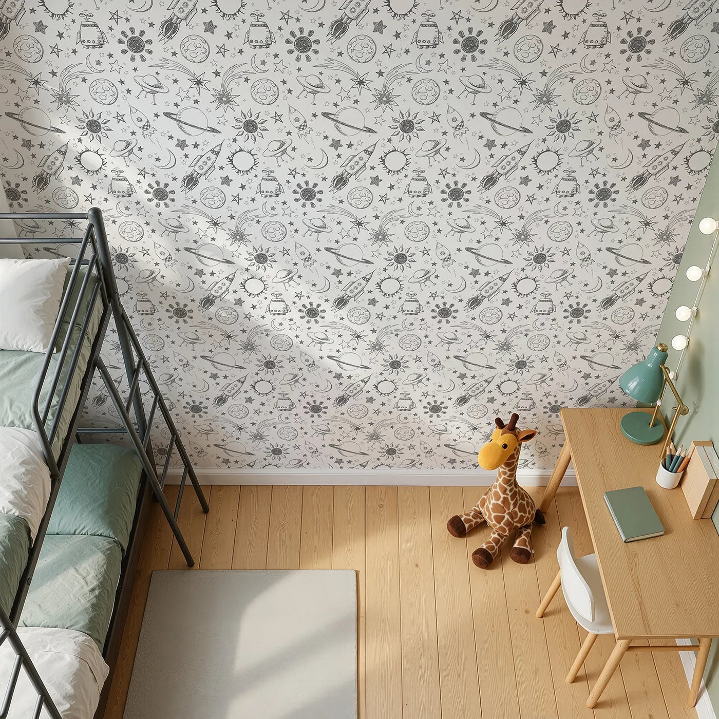 Top-Down view of Whimsy Tots' Space Doodle Galaxy Wallpaper (W2034).Where the entire universe is waiting to be discovered.