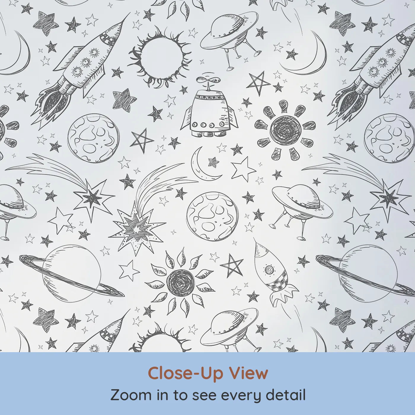 Close-up view of Whimsy Tots' Space Doodle Galaxy Wallpaper (W2034).Where the entire universe is waiting to be discovered.