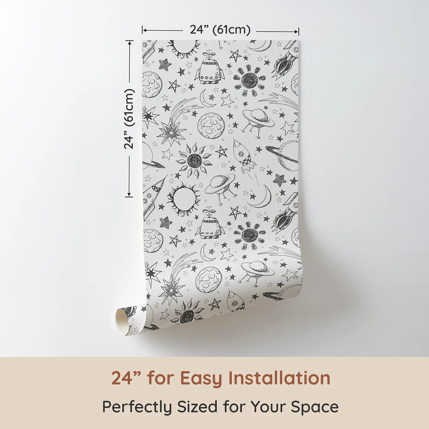 Dimension view of Whimsy Tots Space Doodle Galaxy Wallpaper (W2034). Printed in 24-inch-wide panel for easy installation. Where the entire universe is waiting to be discovered.