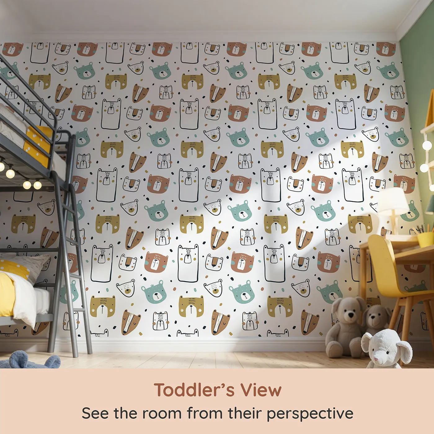 Whimsy Tots Scandi Bear Portraits Wallpaper (W2035) from your child's view.Where a family of stylish bears says a friendly hello.