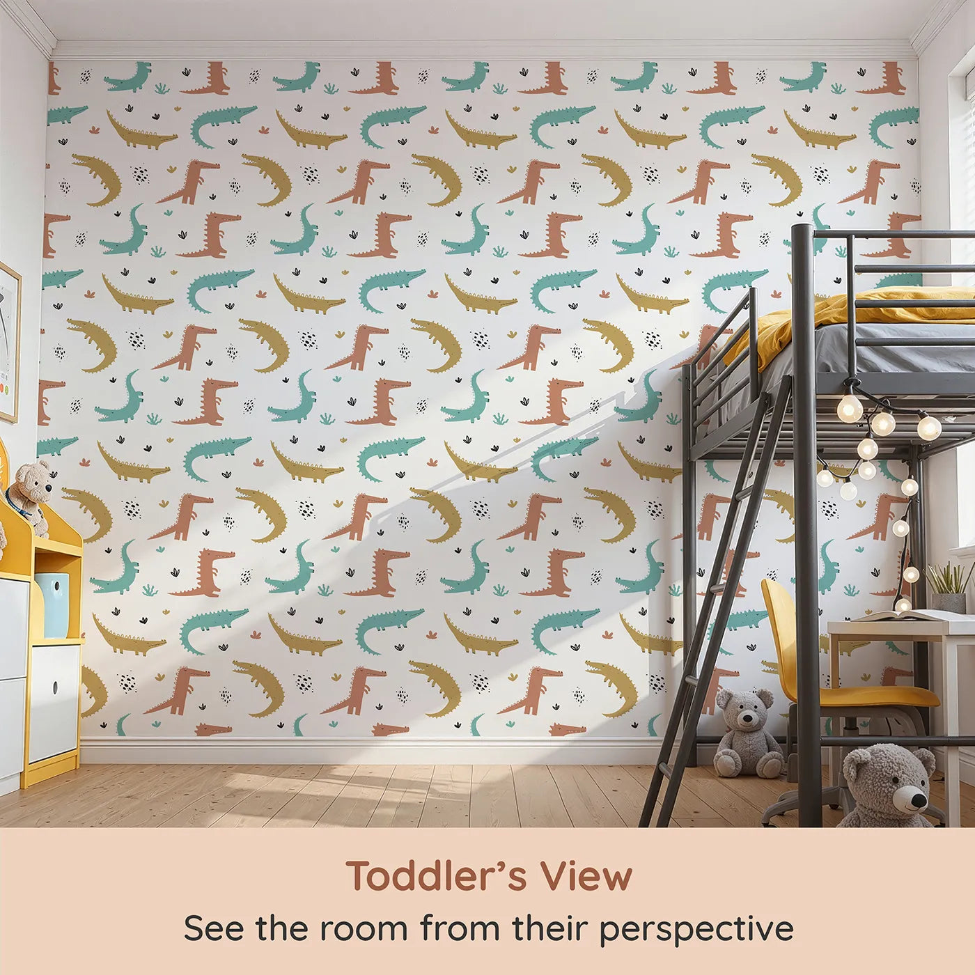 Whimsy Tots Snappy Crocodile Friends Wallpaper (W2036) from your child's view.Where cheerful crocodiles are ready for a snappy good time.