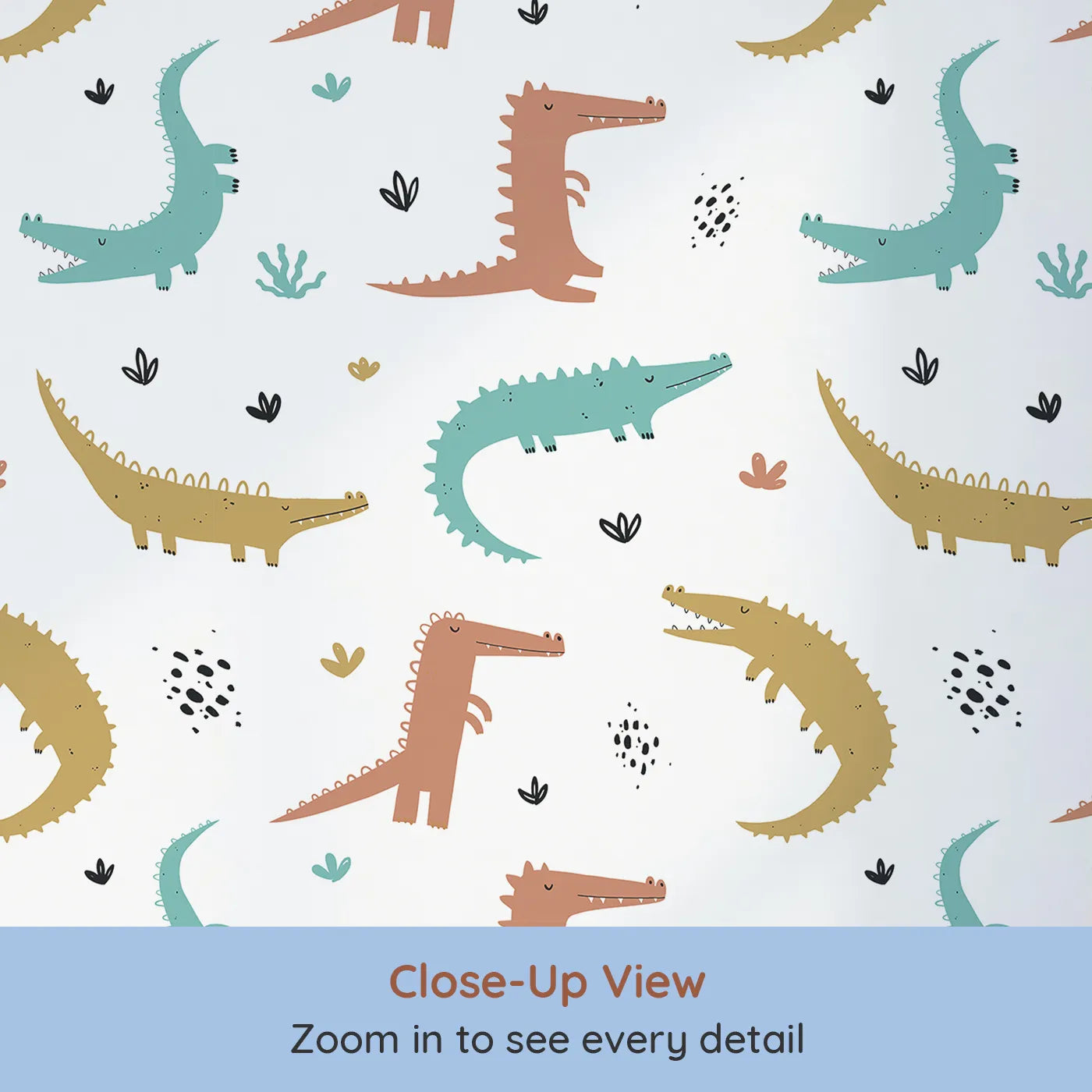 Close-up view of Whimsy Tots' Snappy Crocodile Friends Wallpaper (W2036).Where cheerful crocodiles are ready for a snappy good time.