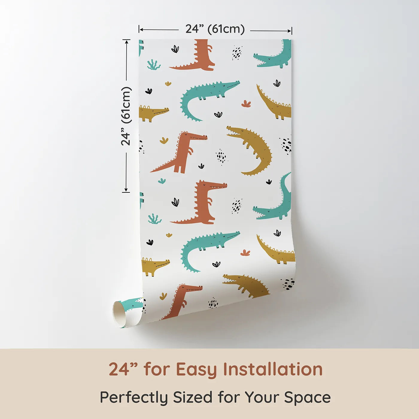 Dimension view of Whimsy Tots Snappy Crocodile Friends Wallpaper (W2036). Printed in 24-inch-wide panel for easy installation. Where cheerful crocodiles are ready for a snappy good time.