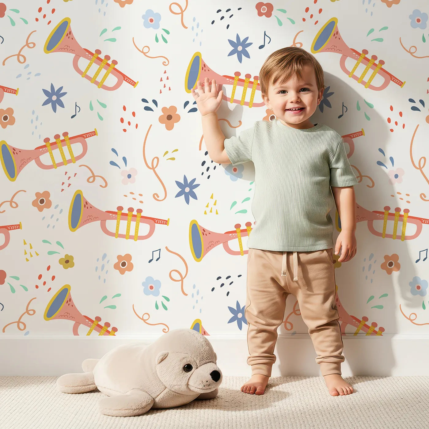 Lovely child standing in front of Whimsy Tots Musical Trumpet Celebration Wallpaper with music, trumpet, note, flower, confetti in design.