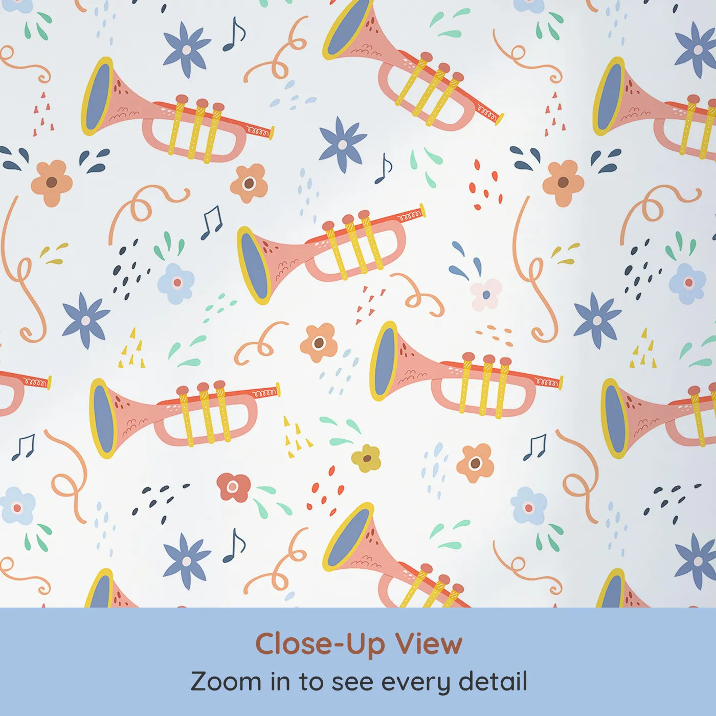 Close-up view of Whimsy Tots' Musical Trumpet Celebration Wallpaper (W2037).Where happy trumpets and colorful confetti fill the air with music.